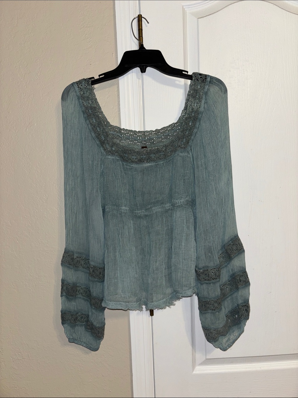 Free People Dusty Blue Crochet-Trim Peasant Top - Women